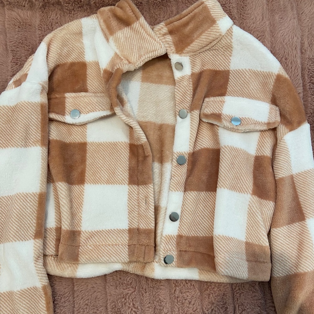 NWOT Orange and white shein flannel button jacket